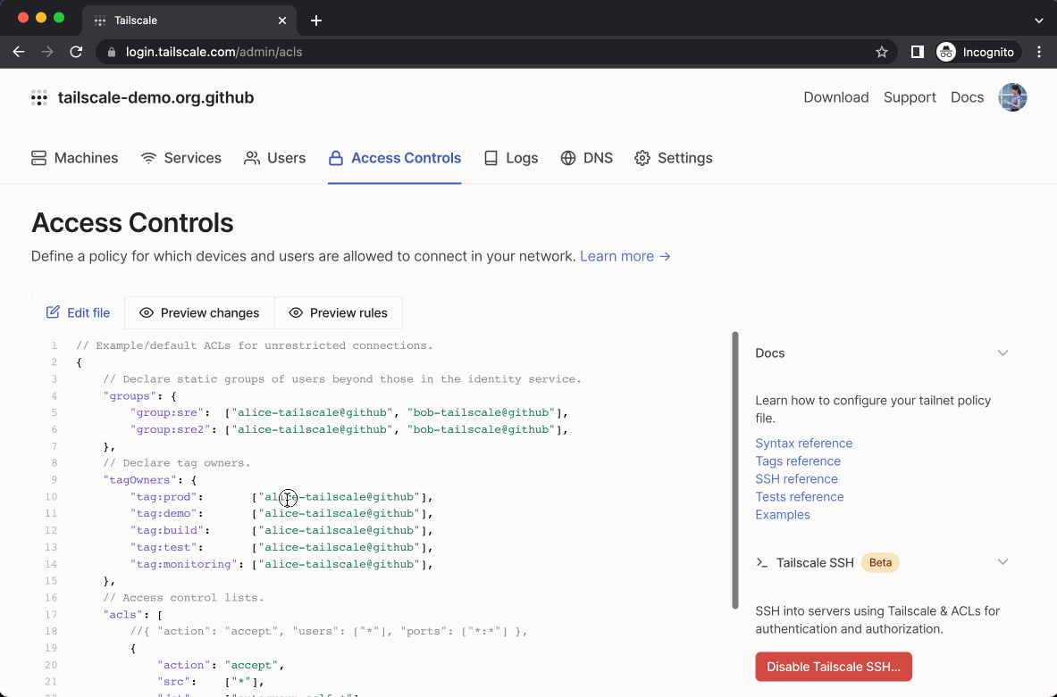 Recording showing how an edit to your network's ACL policy is recorded in the configuration logs.