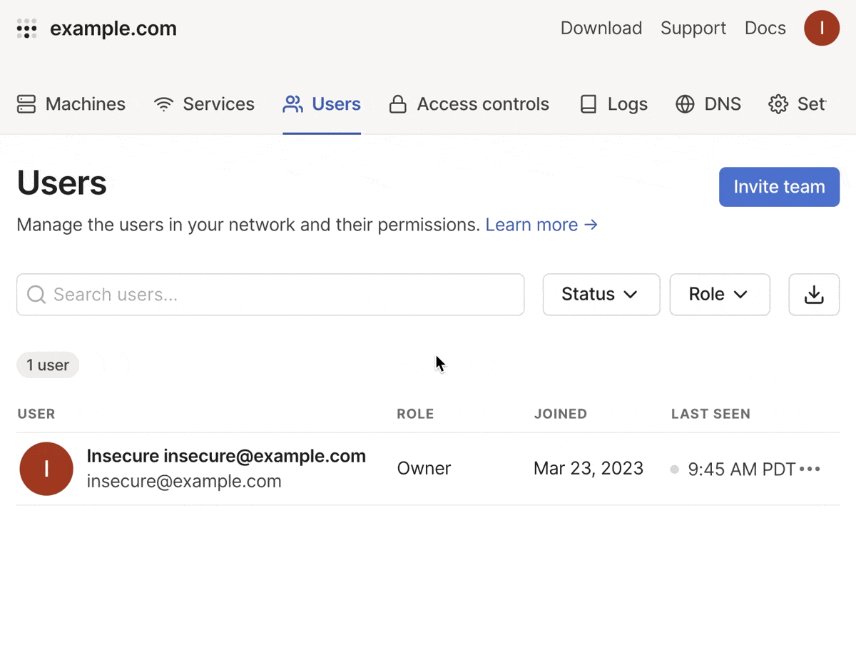 Gif of typing in a user's email and selecting "Send email" to send them an invite.