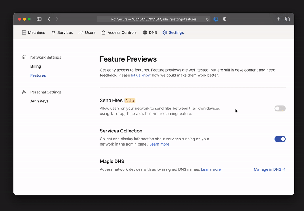 From the feature preview, you can control which feature previews users on your network have access to.