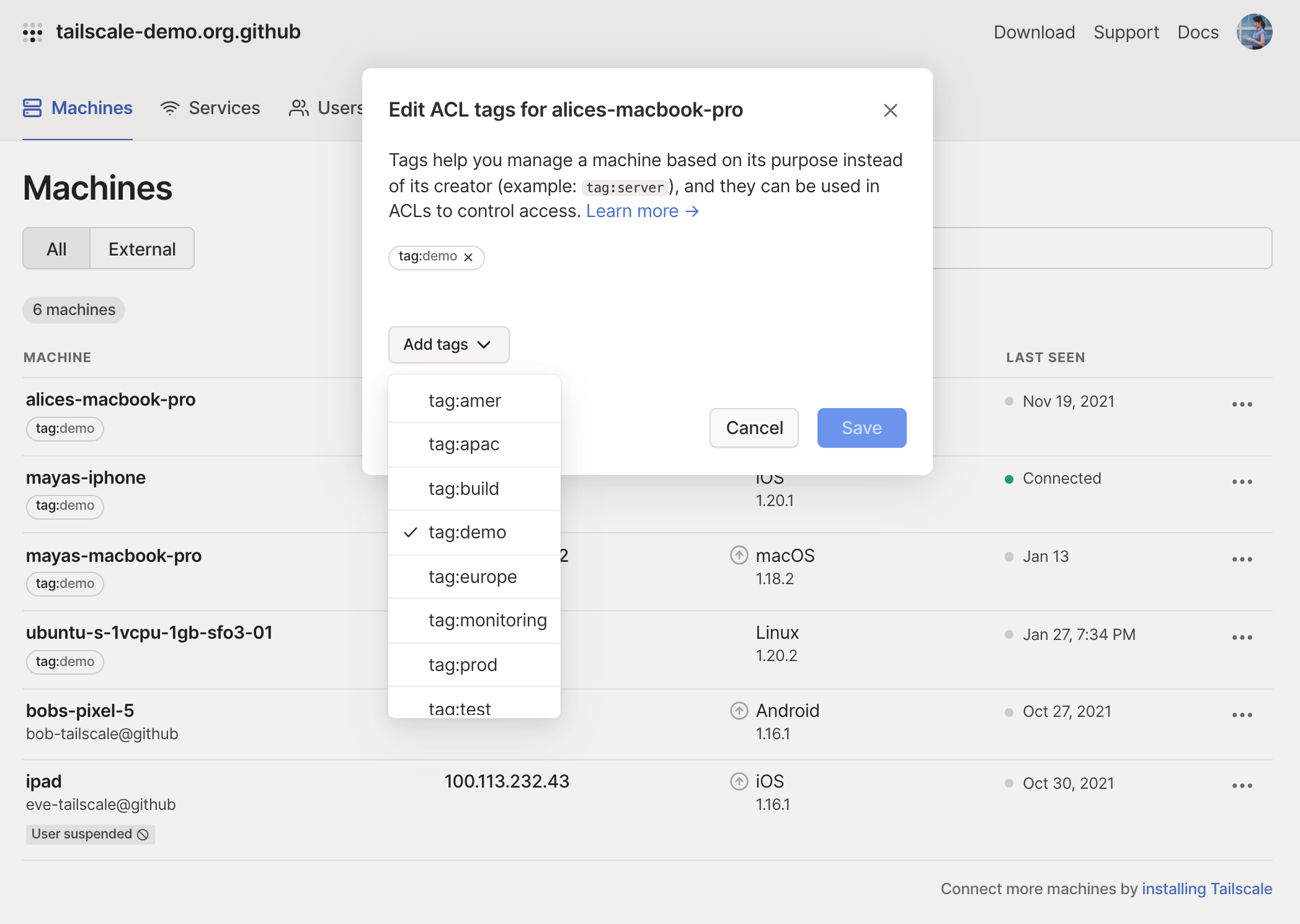 Modal to edit tags for alices-macbook-pro, with the tag tag:demo selected.