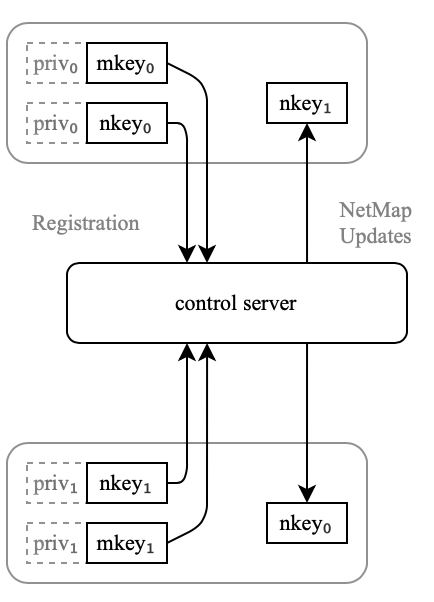 A diagram demonstrating the flow of machine keys and private keys through Tailscale.