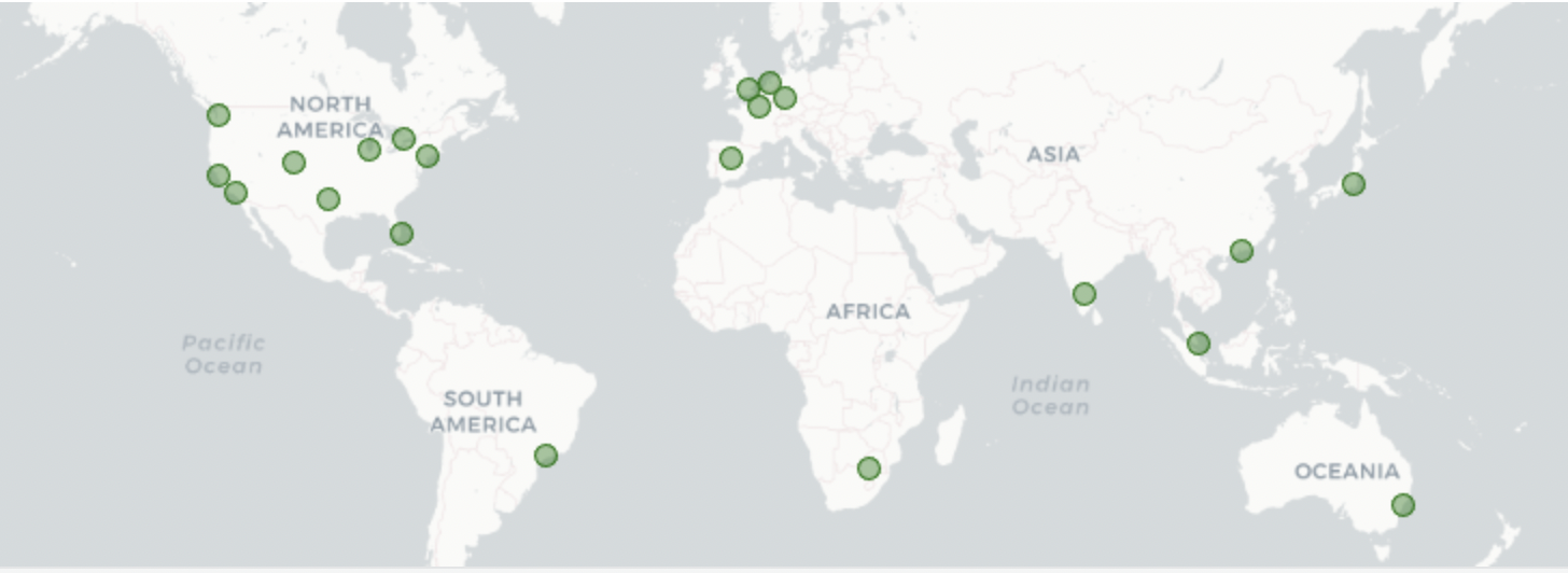 World map with dots in each of Tailscale's DERP server locations.