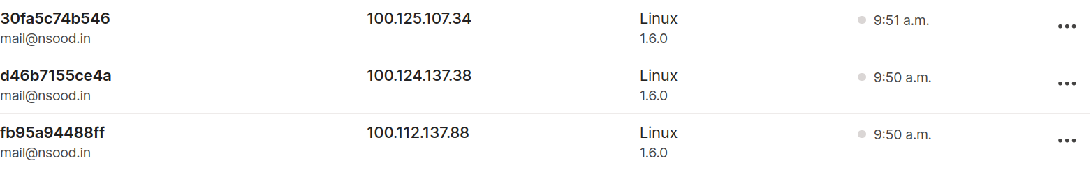 Three containers in the Tailscale admin console, all with randomly generated hostnames and all shown as offline.