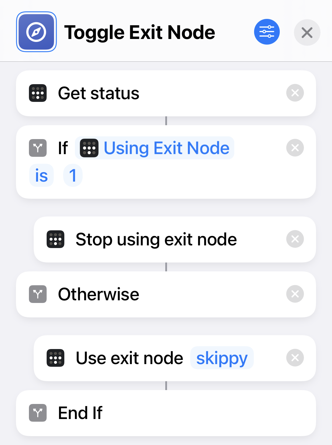 Shortcut to toggle the use of an exit node