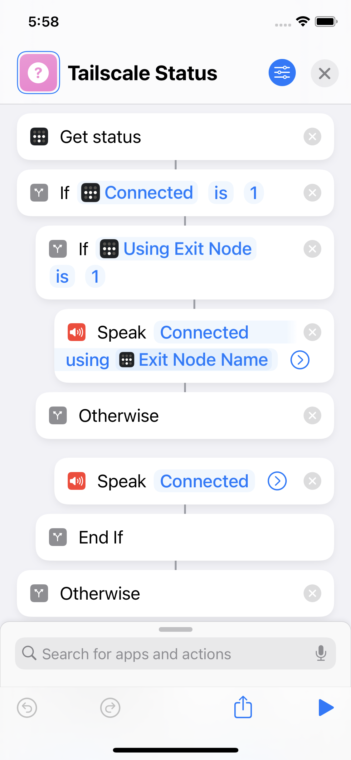 Shortcut to speak the current Tailscale status