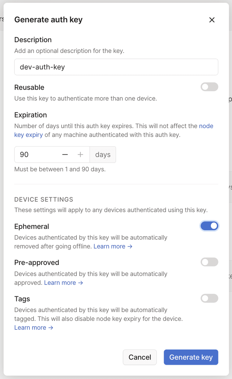 The Settings page of the admin console with the 'Generate auth key' dialog. The setting for ephemeral keys toggled on.