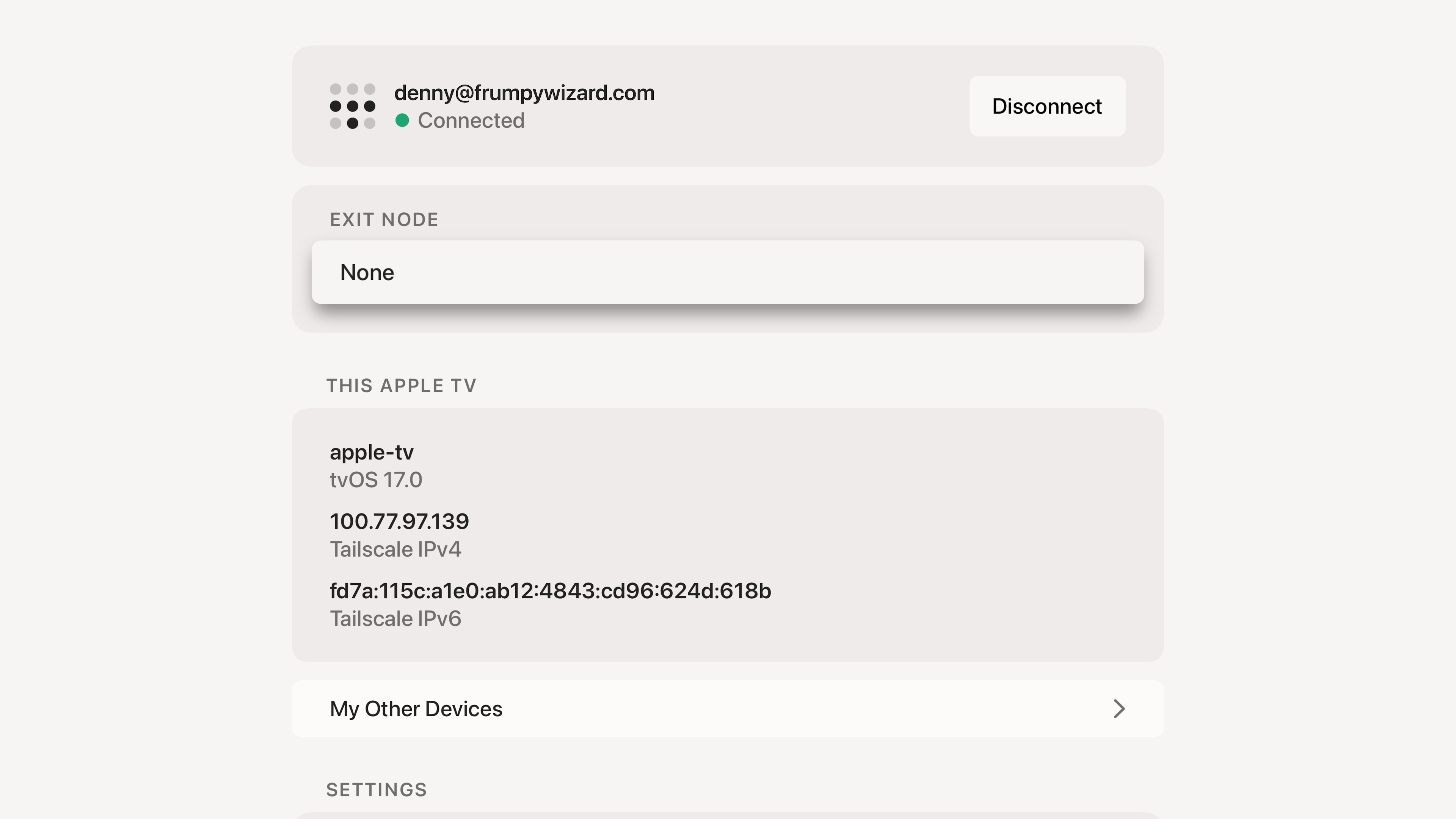 A screenshot of the Tailscale app for Apple TV in light mode.