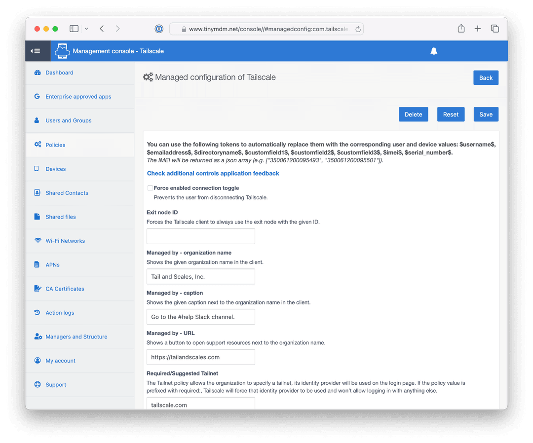 Configuration page for Tailscale